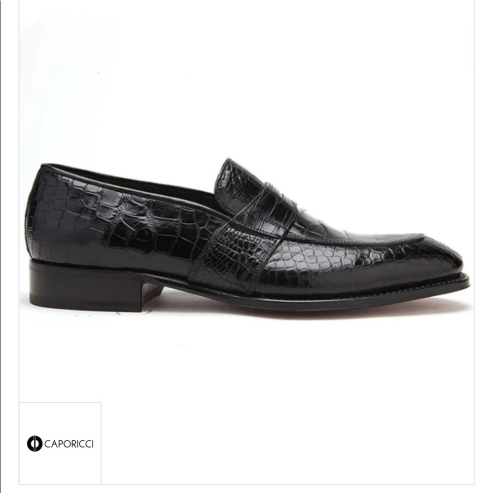 Caporicci 1208 Black Genuine Alligator Apron Toe Penny Loafers